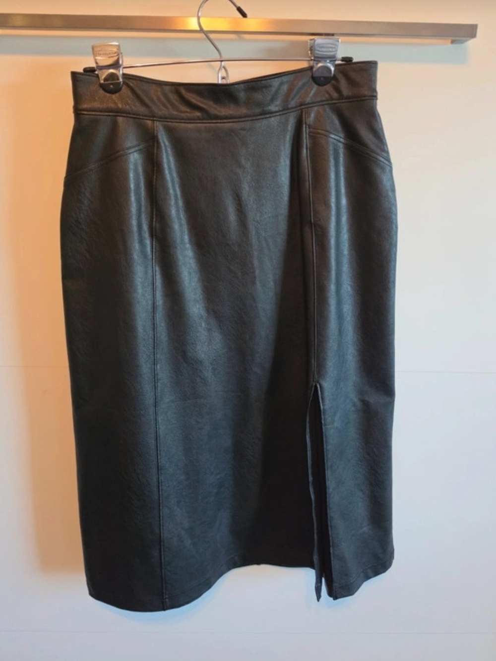Spanx Classic Black Faux Leather Midi Skirt with Front Slit